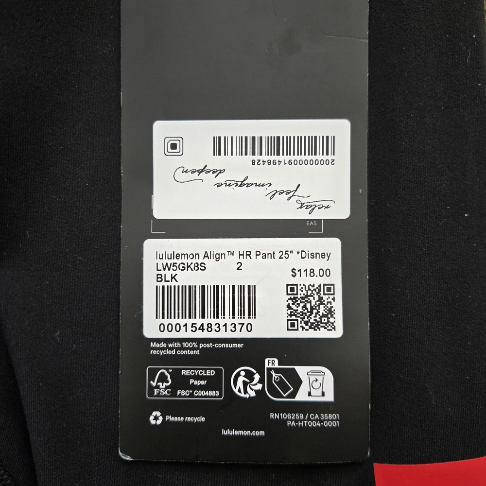 NWT Disney x Lululemon *Align High-Rise Pant 25" Size 2 Black  W5GK8S - Picture 7 of 8